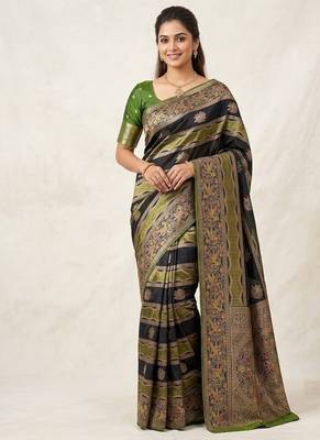Black Color Meenakari Bird Figure Weaving And Dubbal Jari Weaving Bird Figure Strip Crepe Georgette Saree 1