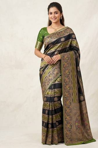 Black Color Meenakari Bird Figure Weaving And Dubbal Jari Weaving Bird Figure Strip Crepe Georgette Saree