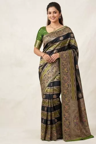 Black Color Meenakari Bird Figure Weaving And Dubbal Jari Weaving Bird Figure Strip Crepe Georgette Saree