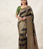 Black Color Meenakari Bird Figure Weaving And Dubbal Jari Weaving Bird Figure Strip Crepe Georgette Saree
