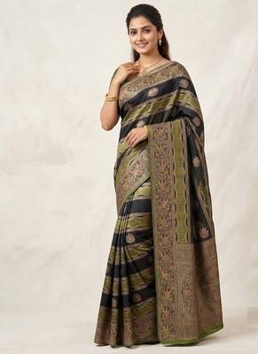 Black Color Meenakari Bird Figure Weaving And Dubbal Jari Weaving Bird Figure Strip Crepe Georgette Saree 2