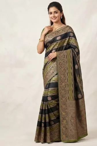 Black Color Meenakari Bird Figure Weaving And Dubbal Jari Weaving Bird Figure Strip Crepe Georgette Saree