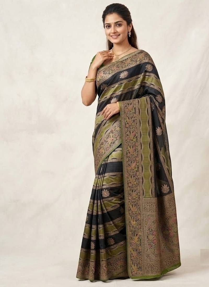 Black Color Meenakari Bird Figure Weaving And Dubbal Jari Weaving Bird Figure Strip Crepe Georgette Saree
