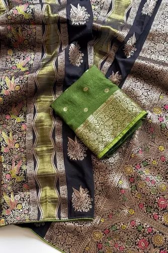 Black Color Meenakari Bird Figure Weaving And Dubbal Jari Weaving Bird Figure Strip Crepe Georgette Saree