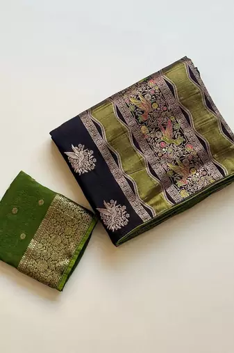 Black Color Meenakari Bird Figure Weaving And Dubbal Jari Weaving Bird Figure Strip Crepe Georgette Saree