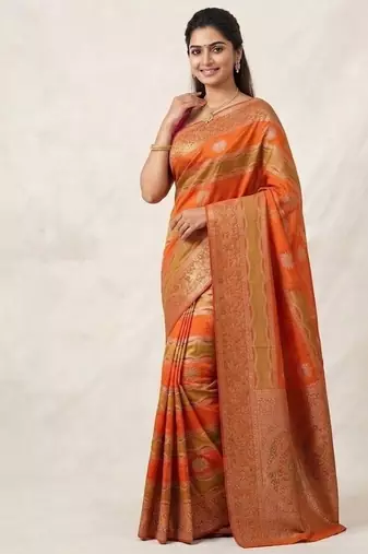 Orange Color Meenakari Bird Figure Weaving And Dubbal Jari Weaving Bird Figure Strip Crepe Georgette Saree