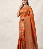 Orange Color Meenakari Bird Figure Weaving And Dubbal Jari Weaving Bird Figure Strip Crepe Georgette Saree