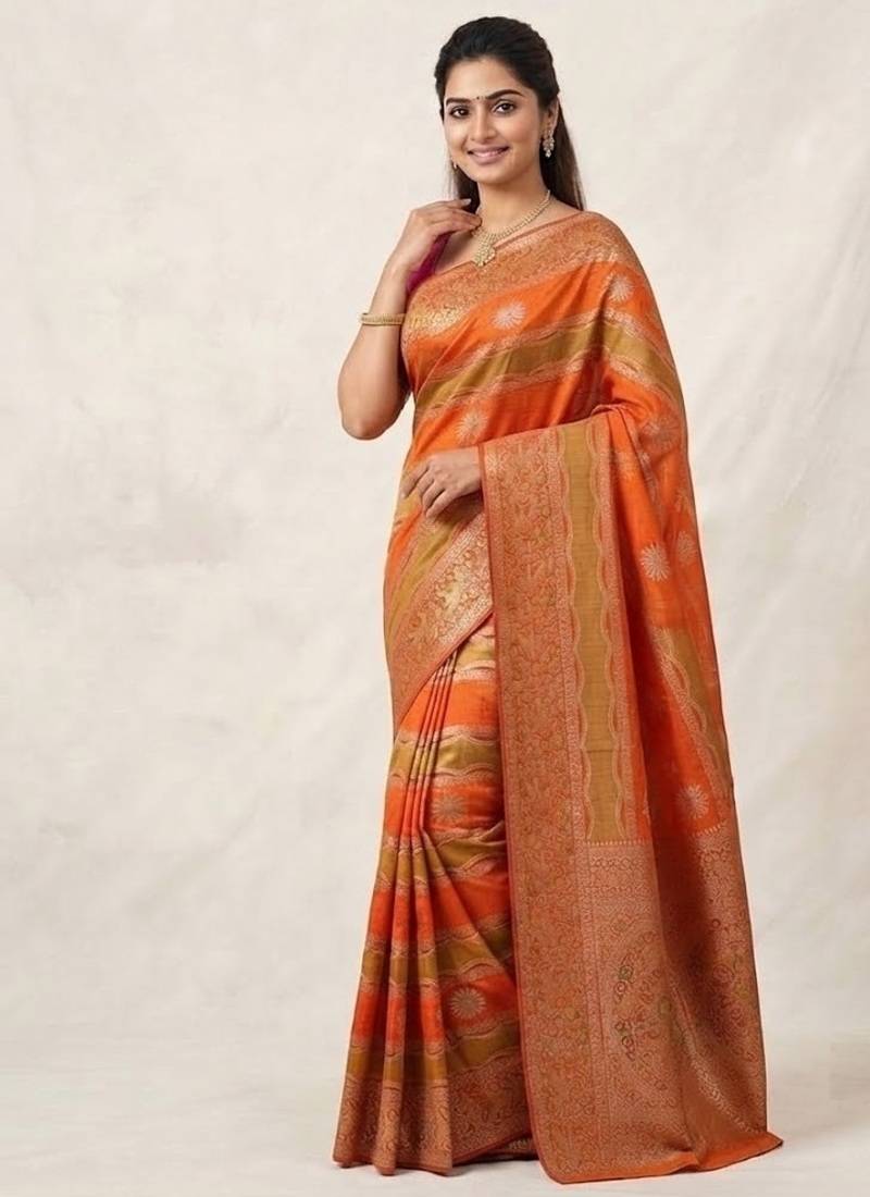 Orange Color Meenakari Bird Figure Weaving And Dubbal Jari Weaving Bird Figure Strip Crepe Georgette Saree