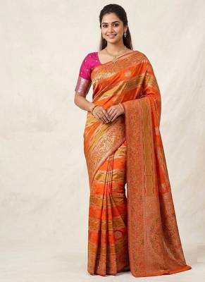 Orange Color Meenakari Bird Figure Weaving And Dubbal Jari Weaving Bird Figure Strip Crepe Georgette Saree 2