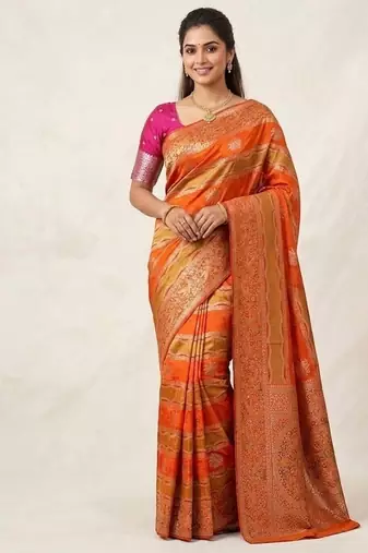 Orange Color Meenakari Bird Figure Weaving And Dubbal Jari Weaving Bird Figure Strip Crepe Georgette Saree
