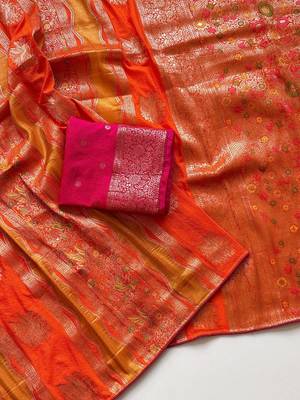 Orange Color Meenakari Bird Figure Weaving And Dubbal Jari Weaving Bird Figure Strip Crepe Georgette Saree 3