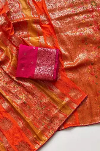 Orange Color Meenakari Bird Figure Weaving And Dubbal Jari Weaving Bird Figure Strip Crepe Georgette Saree