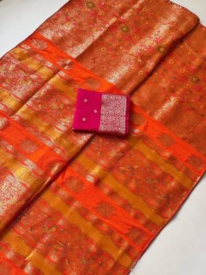 Orange Color Meenakari Bird Figure Weaving And Dubbal Jari Weaving Bird Figure Strip Crepe Georgette Saree 4