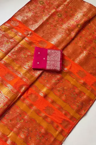 Orange Color Meenakari Bird Figure Weaving And Dubbal Jari Weaving Bird Figure Strip Crepe Georgette Saree