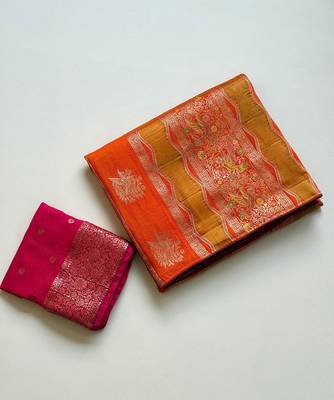Orange Color Meenakari Bird Figure Weaving And Dubbal Jari Weaving Bird Figure Strip Crepe Georgette Saree 5