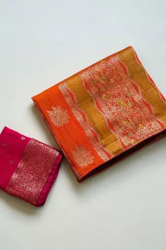 Orange Color Meenakari Bird Figure Weaving And Dubbal Jari Weaving Bird Figure Strip Crepe Georgette Saree