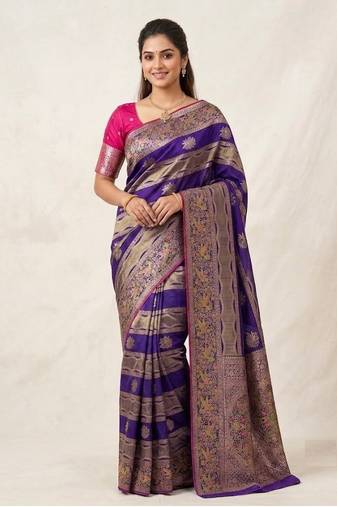 Purple Color Meenakari Bird Figure Weaving And Dubbal Jari Weaving Bird Figure Strip Crepe Georgette Saree