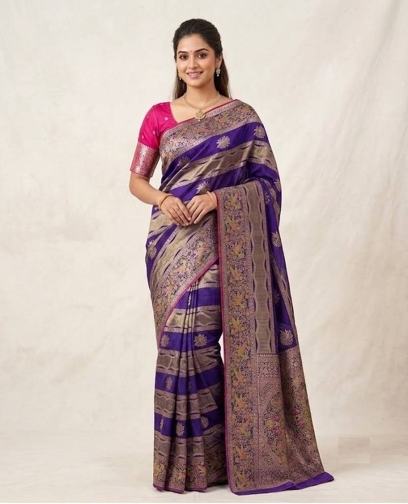 Purple Color Meenakari Bird Figure Weaving And Dubbal Jari Weaving Bird Figure Strip Crepe Georgette Saree