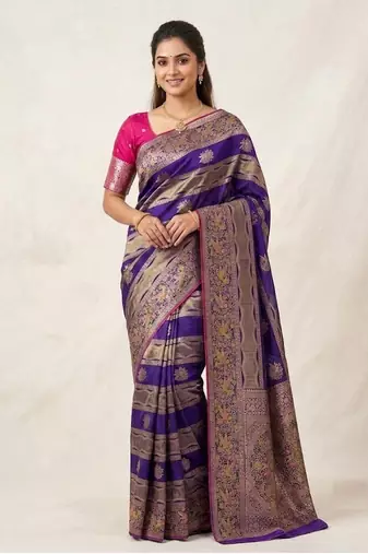 Purple Color Meenakari Bird Figure Weaving And Dubbal Jari Weaving Bird Figure Strip Crepe Georgette Saree