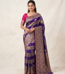 Purple Meenakari Bird Figure Weaving And Dubbal Jari Weaving Bird Figure Strip Crepe georgettete Saree