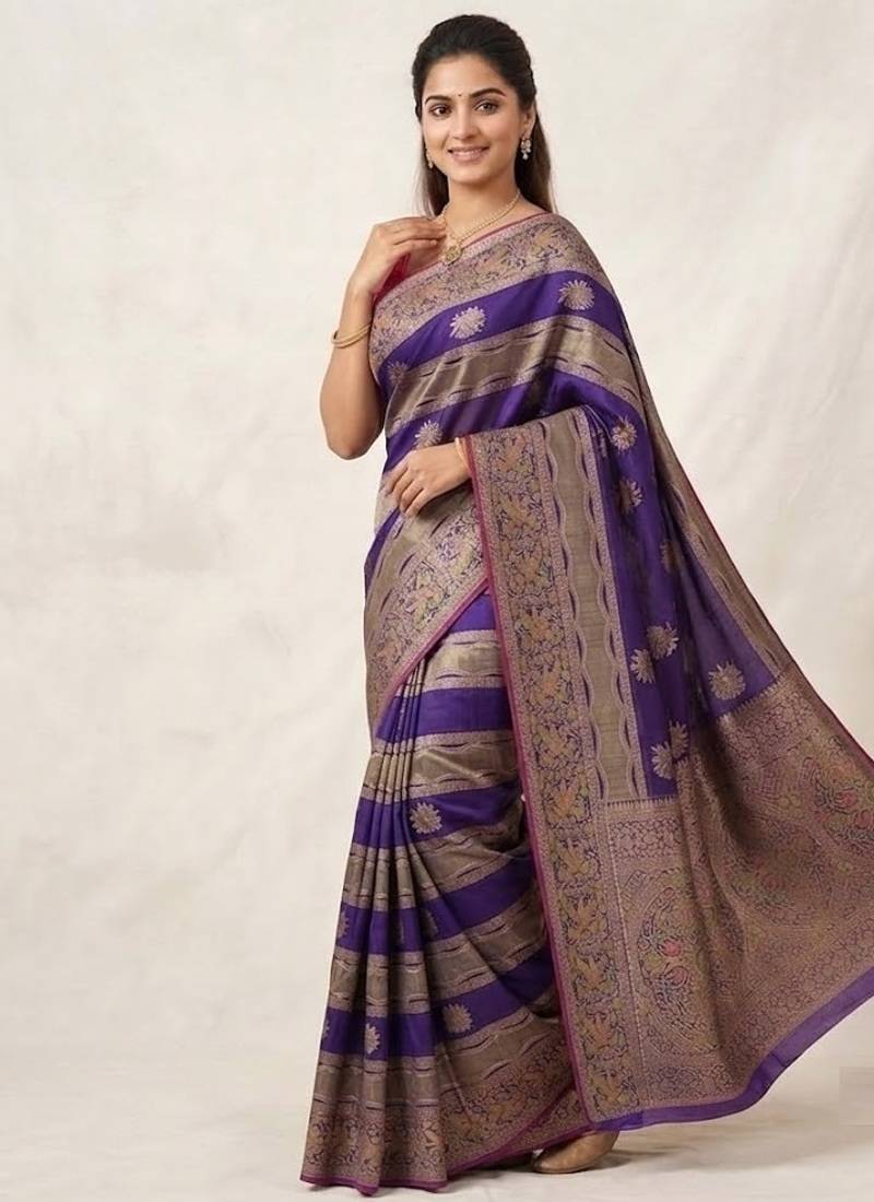 Purple Color Meenakari Bird Figure Weaving And Dubbal Jari Weaving Bird Figure Strip Crepe Georgette Saree