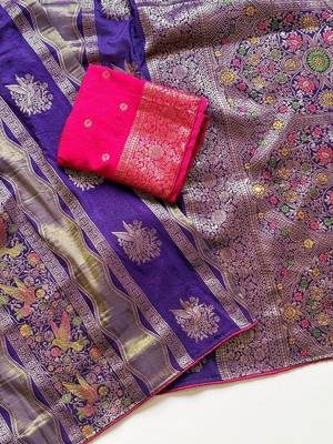 Purple Color Meenakari Bird Figure Weaving And Dubbal Jari Weaving Bird Figure Strip Crepe Georgette Saree 3