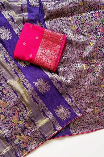 Purple Color Meenakari Bird Figure Weaving And Dubbal Jari Weaving Bird Figure Strip Crepe Georgette Saree