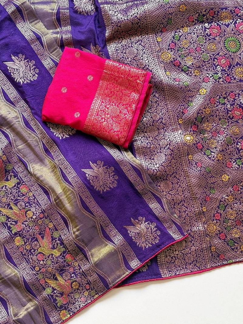 Purple Color Meenakari Bird Figure Weaving And Dubbal Jari Weaving Bird Figure Strip Crepe Georgette Saree