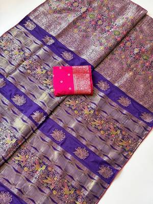 Purple Color Meenakari Bird Figure Weaving And Dubbal Jari Weaving Bird Figure Strip Crepe Georgette Saree 4