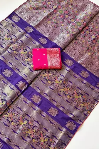 Purple Color Meenakari Bird Figure Weaving And Dubbal Jari Weaving Bird Figure Strip Crepe Georgette Saree