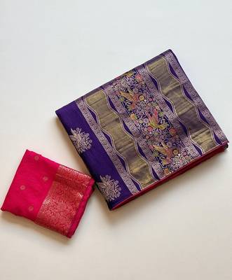 Purple Color Meenakari Bird Figure Weaving And Dubbal Jari Weaving Bird Figure Strip Crepe Georgette Saree 5