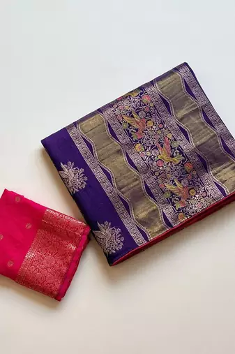 Purple Color Meenakari Bird Figure Weaving And Dubbal Jari Weaving Bird Figure Strip Crepe Georgette Saree