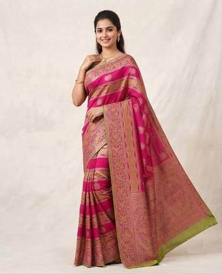 Rani Pink Color Meenakari Bird Figure Weaving And Dubbal Jari Weaving Bird Figure Strip Crepe Georgette Saree 1