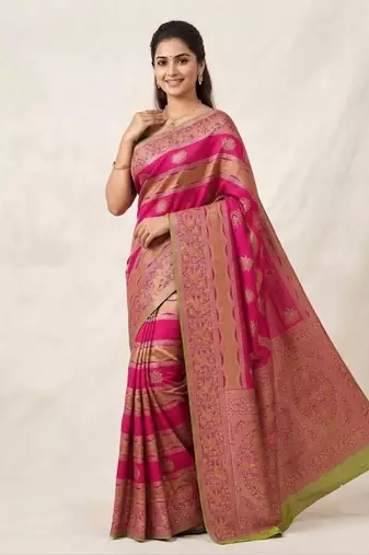 Rani Pink Color Meenakari Bird Figure Weaving And Dubbal Jari Weaving Bird Figure Strip Crepe Georgette Saree