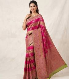 Rani Pink Meenakari Bird Figure Weaving And Dubbal Jari Weaving Bird Figure Strip Crepe georgettete Saree