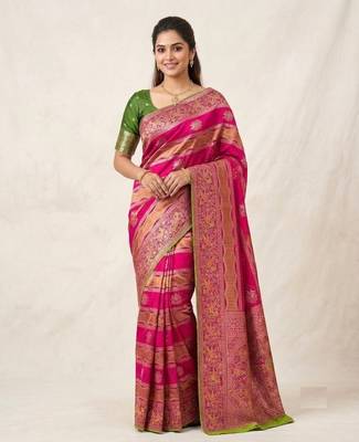 Rani Pink Color Meenakari Bird Figure Weaving And Dubbal Jari Weaving Bird Figure Strip Crepe Georgette Saree 2