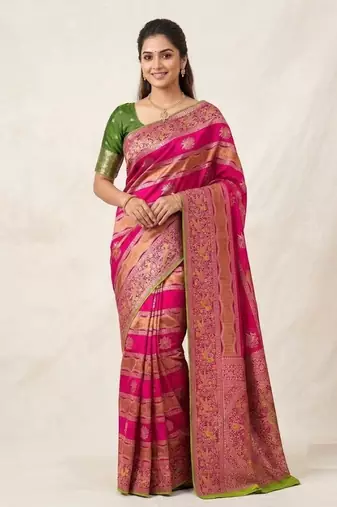 Rani Pink Color Meenakari Bird Figure Weaving And Dubbal Jari Weaving Bird Figure Strip Crepe Georgette Saree