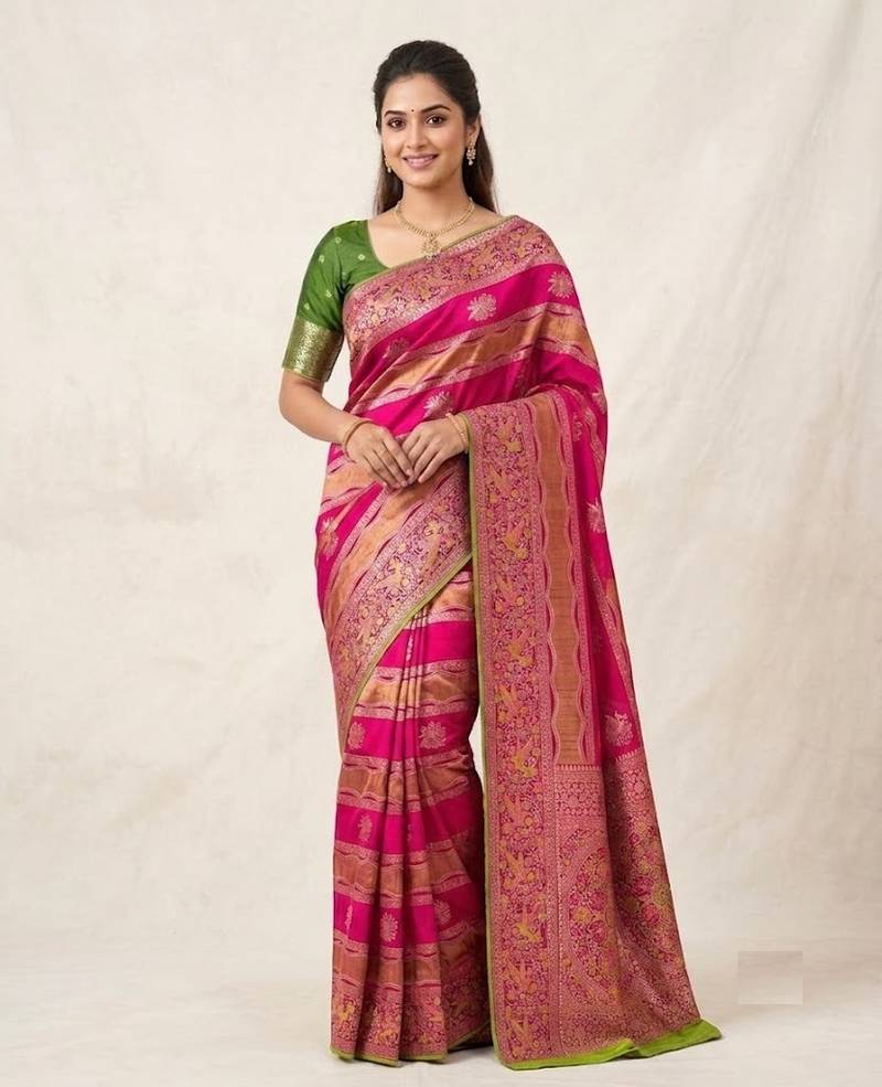 Rani Pink Color Meenakari Bird Figure Weaving And Dubbal Jari Weaving Bird Figure Strip Crepe Georgette Saree