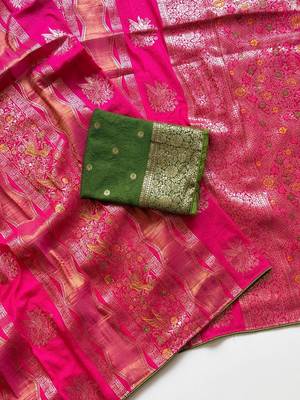 Rani Pink Color Meenakari Bird Figure Weaving And Dubbal Jari Weaving Bird Figure Strip Crepe Georgette Saree 3