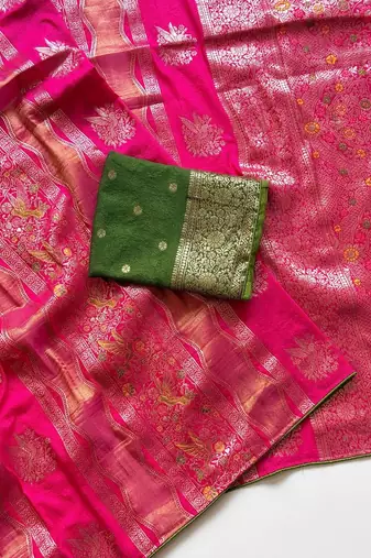 Rani Pink Color Meenakari Bird Figure Weaving And Dubbal Jari Weaving Bird Figure Strip Crepe Georgette Saree