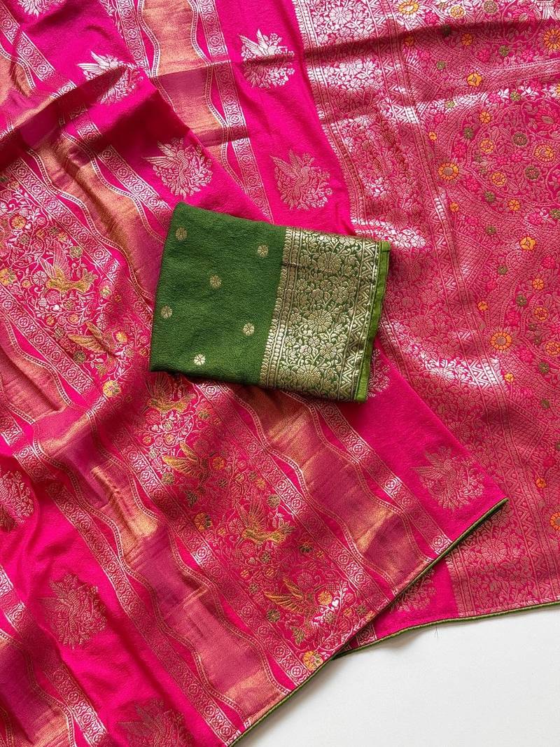 Rani Pink Color Meenakari Bird Figure Weaving And Dubbal Jari Weaving Bird Figure Strip Crepe Georgette Saree
