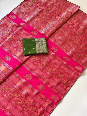 Rani Pink Color Meenakari Bird Figure Weaving And Dubbal Jari Weaving Bird Figure Strip Crepe Georgette Saree 4