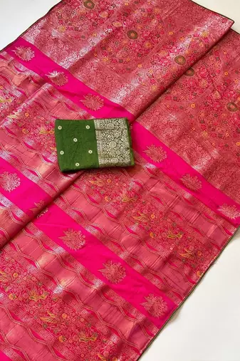 Rani Pink Color Meenakari Bird Figure Weaving And Dubbal Jari Weaving Bird Figure Strip Crepe Georgette Saree