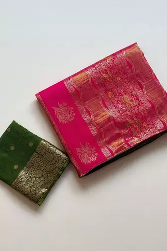 Rani Pink Color Meenakari Bird Figure Weaving And Dubbal Jari Weaving Bird Figure Strip Crepe Georgette Saree