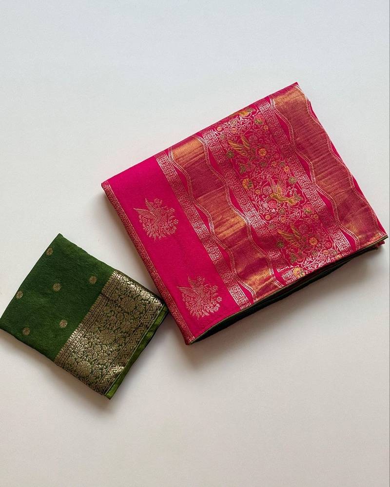 Rani Pink Color Meenakari Bird Figure Weaving And Dubbal Jari Weaving Bird Figure Strip Crepe Georgette Saree