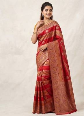 Red Color Meenakari Bird Figure Weaving And Dubbal Jari Weaving Bird Figure Strip Crepe Georgette Saree 1
