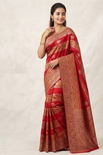 Red Color Meenakari Bird Figure Weaving And Dubbal Jari Weaving Bird Figure Strip Crepe Georgette Saree