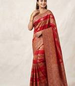 Red Color Meenakari Bird Figure Weaving And Dubbal Jari Weaving Bird Figure Strip Crepe Georgette Saree