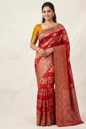 Red Color Meenakari Bird Figure Weaving And Dubbal Jari Weaving Bird Figure Strip Crepe Georgette Saree