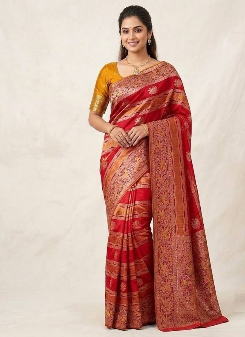 Red Color Meenakari Bird Figure Weaving And Dubbal Jari Weaving Bird Figure Strip Crepe Georgette Saree